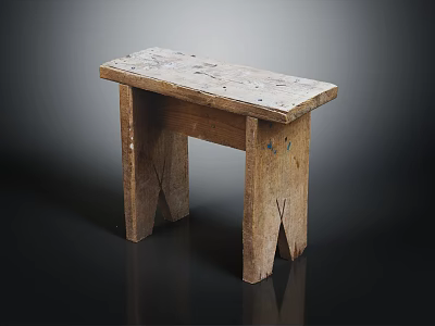 Rustic Vintage Wooden Bench With Worn Tabletop And Crossed Legs Design 3d model