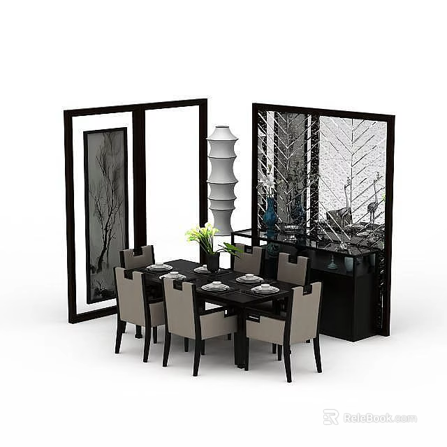 Modern Dining Table And Chairs Set In Stylish Room With Decorative Screen Vase And Tableware 3d model 