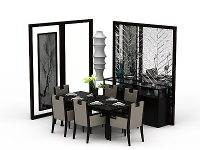 Modern Dining Table And Chairs Set In Stylish Room With Decorative Screen Vase And Tableware 3d model
