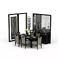 Modern Dining Table And Chairs Set In Stylish Room With Decorative Screen Vase And Tableware
