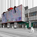 Modern International Commercial Street with Retail Stores Pedestrians and Stone Paved Walkway