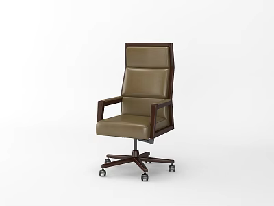 High Back Leather Office Chair With Wooden Frame And Rolling Wheels 3d model