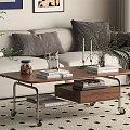 Modern Wooden Coffee Table With Wheels Lower Shelf Books And Vase In Living Room
