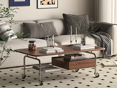 Modern Wooden Coffee Table With Wheels Lower Shelf Books And Vase In Living Room 3d model