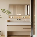 Modern Bathroom Vanity With Backlit Mirror And Wooden Storage Cabinets Beside Potted Plant