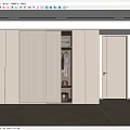 Modern Beige Wardrobe With Vertical Ribbed Doors Open Compartment Hanging Clothes And Storage