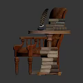 Vintage Brown Leather Armchair And Small Round Table With Quill Pen And Stacked Books