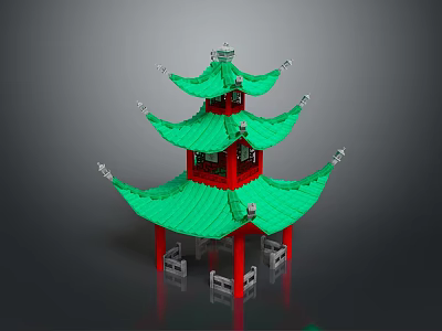 Traditional Chinese Multi Tiered Pavilion Brick Model With Green Roof And Red Pillars 3d model