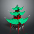 Traditional Chinese Multi Tiered Pavilion Brick Model With Green Roof And Red Pillars