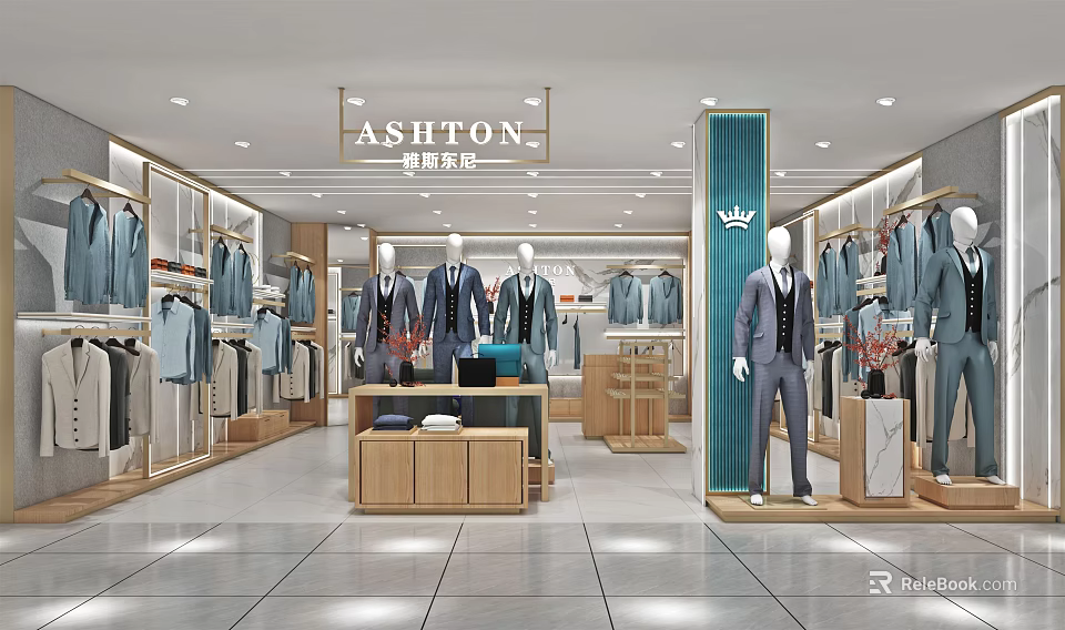 Ashton Modern Clothing Store Interior With Mannequins Wearing Suits And Clothes On Racks 3d model 