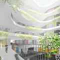 Modern School Building With Multi Level Walkways Yellow Staircases Green Plants And Active Students