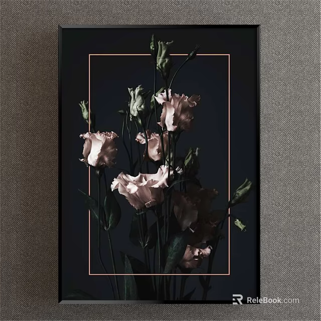 Botanical Art Print With Pink Flowers Green Leaves And Gold Frame On Black Background 3d model 