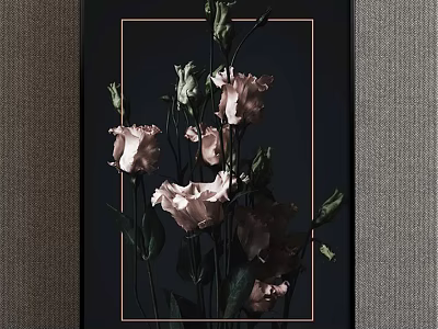 Botanical Art Print With Pink Flowers Green Leaves And Gold Frame On Black Background 3d model