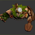 Horned Muscular Game and Movie Character In Green Leaf Outfit Holding Weapon With Magic Aura