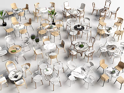 Modern Dining Table And Chair Sets With Diverse Designs And Decorative Plants 3d model