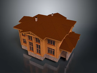 Wooden House Exterior With Brown Roof Stone Base And Multiple Windows 3d model