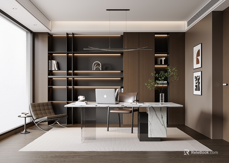 Modern Study Room Interior Design With Wooden Shelves Marble Desk Laptop And Pendant Lights 3d model 