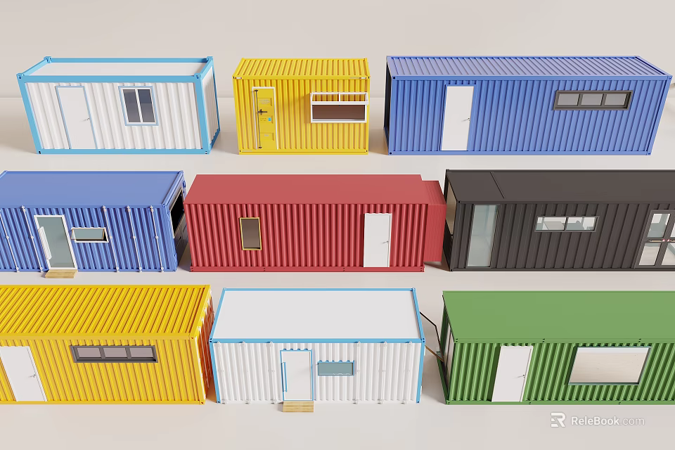Colorful Container Building Components With Doors Windows And Modular Designs 3d model