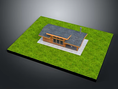 Small Wooden House With Dark Roof Chimney And Windows On Grass Lawn Concrete Foundation 3d model