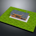 Small Wooden House With Dark Roof Chimney And Windows On Grass Lawn Concrete Foundation