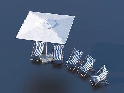 White Square Sunshade With Four Blue And White Striped Beach Chairs For Outdoor Use 3d model