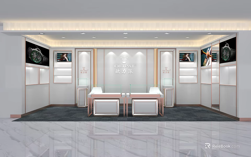 Luxury Jewelry Store Interior With Display Cabinets Watch Exhibits And Marble Floors 3d model 