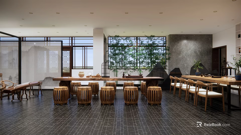 Traditional Teahouse Interior With Wooden Tables Stools Large Windows And Green Plants 3d model 