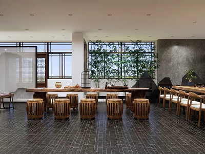 Traditional Teahouse Interior With Wooden Tables Stools Large Windows And Green Plants 3d model