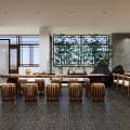 Traditional Teahouse Interior With Wooden Tables Stools Large Windows And Green Plants