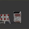 Various Safety Fences With Metal Mesh Barriers Red White Stripes Warning Signs And Base Plates
