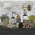 Ceramic Vessels Decorative Display With Grayed Wall Mask Plants Wooden Crates And Logs