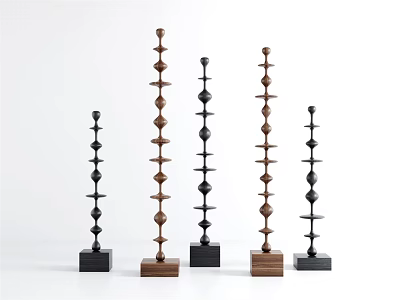 Various Colored Wooden Sculpture Carvings With Stacked Spherical Segments And Square Bases 3d model