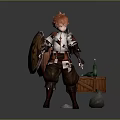 Game Movie Character With Red Hair Armor Shield By Wooden Crate Green Bottle And Stone