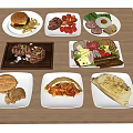 Assorted Delicious Food Plates Including Burger Steak Omelette Salad And Wraps On Wooden Table
