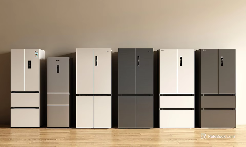Modern Refrigerators And Freezers In Various Colors And Styles Arranged In A Row 3d model 