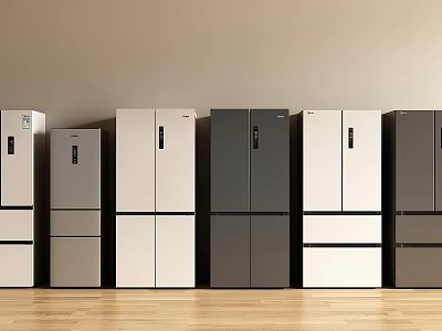 Modern Refrigerators And Freezers In Various Colors And Styles Arranged In A Row 3d model