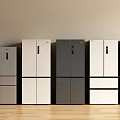 Modern Refrigerators And Freezers In Various Colors And Styles Arranged In A Row