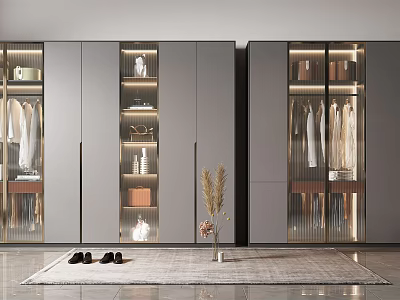 Modern Wardrobe Interior Design With Glass Doors Hanging Clothes Storage Shelves And Rug 3d model