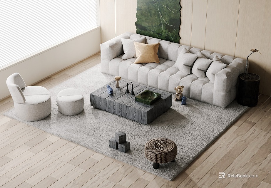 Modern Light Gray Sofa Coffee Table Set With Throw Pillows Area Rug And Decorative Stools 3d model 