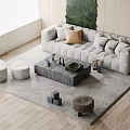 Modern Light Gray Sofa Coffee Table Set With Throw Pillows Area Rug And Decorative Stools