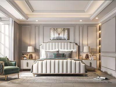 Elegant Bedroom Interior Design With Upholstered Headboard Nightstands Table Lamps And Green Accent Chair 3d model