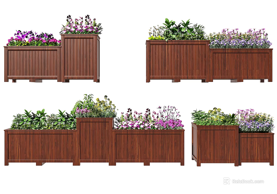 Wooden Outdoor Planter Boxes With Mixed Flowers And Green Plants In Different Designs 3d model 