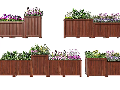 Wooden Outdoor Planter Boxes With Mixed Flowers And Green Plants In Different Designs 3d model