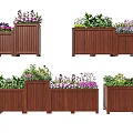 Wooden Outdoor Planter Boxes With Mixed Flowers And Green Plants In Different Designs