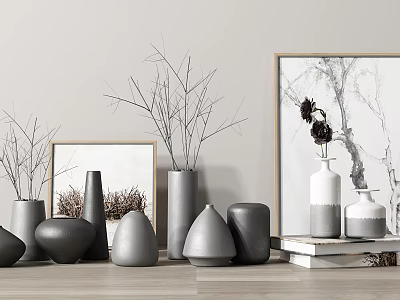 Modern Decorative Ornament Set With Gray White Vases Branches Painting And Books 3d model