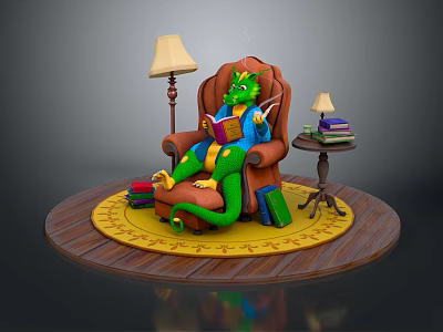 Green Dragon Reading Book On Brown Armchair With Side Table Lamp And Books 3d model