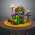 Green Dragon Reading Book On Brown Armchair With Side Table Lamp And Books