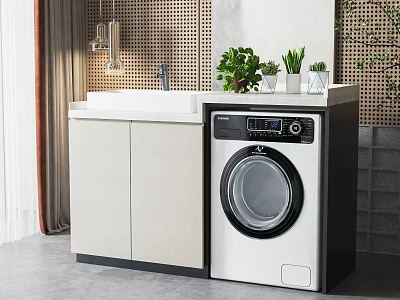 Elegant Modern Bathroom Cabinet With Integrated Washing Machine Countertop And Green Plants 3d model
