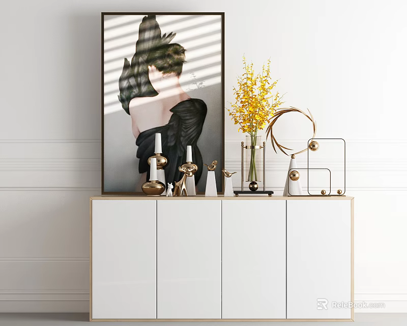 White Entryway Side Cabinet With Decorative Vase Yellow Flowers Framed Art Sculptures And Minimalist Design 3d model 