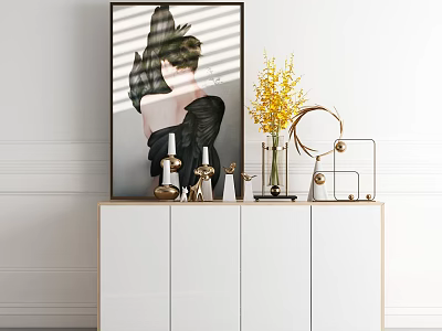 White Entryway Side Cabinet With Decorative Vase Yellow Flowers Framed Art Sculptures And Minimalist Design 3d model